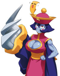 Rule 34 | 1girl, blue hair, blue skin, breasts, capcom, chinese clothes, cleavage, cleavage cutout, clothing cutout, colored skin, flipped hair, hat, jiangshi, large breasts, lei lei, muscular, qingdai guanmao, short hair, solo, usatarou, vampire (game)