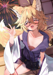 1girl absurdres aerial_fireworks animal_ears arm_support black-framed_eyewear black_shorts blonde_hair blurry blurry_background blush breasts collarbone commentary_request commission depth_of_field downblouse fireworks fox_ears fox_girl fox_tail glasses hair_between_eyes highres indoors long_hair long_sleeves looking_at_viewer nose_blush nyahu_(nyahu_77) original purple_shirt red_eyes ribbon-trimmed_sleeves ribbon_trim shirt short_shorts short_sleeves shorts sitting skeb_commission small_breasts solo tail wide_sleeves