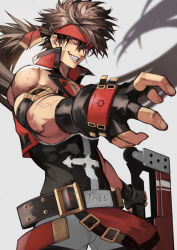 Rule 34 | 1boy, arc system works, arm strap, belt, belt buckle, brown hair, buckle, forehead protector, glowing, glowing eyes, guilty gear, guilty gear xrd, headband, highres, holding, holding sword, holding weapon, junkyard dog mk iii, long hair, looking at viewer, male focus, manly, muscular, nose, planted, planted sword, planted weapon, ponytail, sol badguy, solo, sword, teeth, veins, very long hair, weapon, yellow eyes, yoshio (55level)