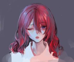 Rule 34 | 1girl, akatsuki no yona, bad id, bad twitter id, close-up, commentary request, hair between eyes, korean commentary, looking to the side, medium hair, one eye closed, purple background, purple eyes, red hair, simple background, solo, yona (akatsuki no yona), yona hyeon