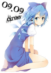 Rule 34 | 1girl, :/, arm support, back, bad id, bad pixiv id, barefoot, blue dress, blue eyes, blue hair, bow, character name, cirno, dress, fairy, hair bow, highres, ice, looking back, matching hair/eyes, seiza, short hair, sitting, solo, touhou, wings, yana mori