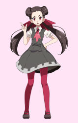 Rule 34 | 1girl, :o, arm up, black hair, bow, brown footwear, collar, collared shirt, creatures (company), dress, full body, game freak, grey dress, hair bow, hand on own hip, highres, leggings, long hair, looking at viewer, mary janes, necktie, nintendo, open mouth, pantyhose, pink background, pink necktie, pokemon, pokemon oras, red bow, red eyes, red pantyhose, roxanne (pokemon), shirt, shoes, short sleeves, simple background, sleeveless, sleeveless dress, solo, tsukishiro saika, twintails, white collar