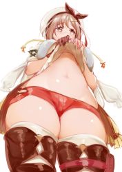 Rule 34 | 1girl, atelier (series), atelier ryza, atelier ryza 1, brown eyes, brown gloves, brown hair, commentary request, from below, gloves, groin, hat, highres, looking at viewer, manyuu kaeru tasuke sansei, midriff, navel, raised eyebrows, red shorts, reisalin stout, shirt, short hair, short shorts, shorts, simple background, single glove, skindentation, solo, thick thighs, thighs, white background, wide hips