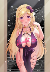 Rule 34 | 1girl, absurdres, aki rosenthal, ar-khey, bare shoulders, blonde hair, blush, breasts, center opening, city, collarbone, cross-laced slit, dress, gown, hair ornament, halter dress, halterneck, hand on own thigh, highres, hololive, jewelry, large breasts, lipstick writing, long hair, looking at viewer, mirror, necklace, night, parted bangs, parted lips, plunging neckline, purple dress, purple eyes, side slit, skindentation, solo, very long hair, virtual youtuber