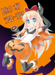 Rule 34 | 1girl, black gloves, black thighhighs, blonde hair, bloomers, blue eyes, blush stickers, bow, chalk, elbow gloves, gloves, grin, hair bow, halloween, holding, imu sanjo, jack-o&#039;-lantern, long hair, looking at viewer, multicolored clothes, multicolored legwear, pumpkin pants, smile, solo, thighhighs, toshinou kyouko, translation request, trick or treat, underwear, yuru yuri