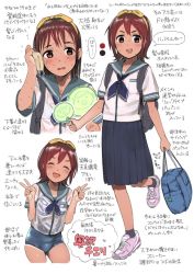 Rule 34 | 1girl, backpack, bag, blush, bra, brown hair, commentary, double v, hairband, hand fan, holding, holding bag, multiple views, open mouth, original, paper fan, pink footwear, ribbon, round teeth, school swimsuit, school uniform, see-through, serafuku, shiden (sashimi no wife), shirt, shoes, short hair, short sleeves, smile, sneakers, sweat, swimsuit, swimsuit under clothes, tan, tanline, teeth, towel, uchiwa, underwear, v, wet, wet clothes, wet hair, wet shirt, yellow ribbon