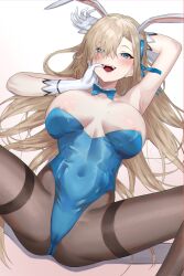 Rule 34 | 1girl, absurdres, animal ears, areola slip, arm behind head, arm up, armpits, asuna (blue archive), asuna (bunny) (blue archive), bare shoulders, blue archive, blue bow, blue bowtie, blue eyes, blue leotard, blue ribbon, blush, bow, bowtie, breasts, brown pantyhose, cameltoe, cleavage, cleft of venus, detached collar, eredhen, fake animal ears, from above, gloves, hair over one eye, hair ribbon, halo, hand to own mouth, highleg, highleg leotard, highres, large breasts, leotard, light brown hair, long hair, looking at viewer, mole, mole on breast, official alternate costume, open mouth, pantyhose, playboy bunny, rabbit ears, ribbon, simple background, smile, solo, spread legs, strapless, strapless leotard, swept bangs, thighband pantyhose, traditional bowtie, white background, white gloves