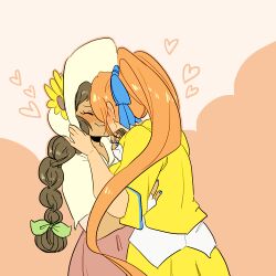 Rule 34 | 2girls, ace attorney, athena cykes, blue hairband, blue ribbon, blush, bow, brown hair, capelet, closed eyes, cropped jacket, dress, fingerless gloves, flower, from behind, gloves, green bow, hair bow, hair ribbon, hairband, hat, hat flower, heart, hug, jacket, juniper woods, kiss, long hair, ministarfruit, multi-tied hair, multiple girls, orange hair, pink dress, pleated skirt, ribbon, shirt, side ponytail, sidelocks, skirt, sleeve cuffs, sleeves past elbows, smile, sun hat, sunflower, two-tone background, untucked shirt, upper body, very long hair, wavy mouth, white capelet, white gloves, white shirt, yellow flower, yellow jacket, yellow skirt, yuri