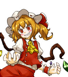 Rule 34 | 1girl, amonitto, ascot, blonde hair, flandre scarlet, hat, looking at viewer, mob cap, red eyes, side ponytail, solo, touhou, wings, wrist cuffs