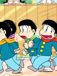 Rule 34 | 6+boys, bald, black hair, breath, brothers, chibita, child, fence, heart, heart in mouth, henocchi, iyami, male focus, matching outfits, matsuno choromatsu, matsuno jyushimatsu, matsuno osomatsu, matsuno todomatsu, multiple boys, osomatsu-kun, osomatsu (series), running, scarf, siblings, smile