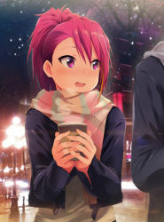Rule 34 | 10s, 1boy, 1girl, blonde hair, blush, building, casual, commentary request, cup, drink, evening, eyebrows, fingernails, hair between eyes, height difference, highres, holding, holding cup, idolmaster, idolmaster million live!, jacket, kaiga, lamppost, long hair, looking at another, maihama ayumu, multicolored hair, nose blush, open clothes, open jacket, open mouth, out of frame, outdoors, own hands together, pink eyes, pink hair, ponytail, scarf, snow, snowing, solo focus, standing, steam, streaked hair, striped clothes, striped scarf, tree, two-tone hair, upper body, w arms, wavy mouth