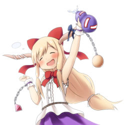 Rule 34 | 1girl, alcohol, armpits, bow, child, drunk, eyebrows, closed eyes, hair bow, hair ornament, holding, horns, ibuki suika, long hair, open mouth, simple background, sira, solo, touhou, upper body, white background