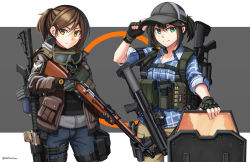 Rule 34 | &gt;:), 2girls, arm up, assault rifle, ballistic shield, black gloves, blue pants, blue shirt, bolt action, brown eyes, brown hair, brown jacket, brown pants, buckle, bullpup, character request, closed mouth, collared shirt, commentary, dress shirt, english commentary, fingerless gloves, foregrip, gloves, goggles, goggles around neck, green eyes, grenade launcher, grey background, grey shirt, gun, gun on back, hair between eyes, hand on headwear, handgun, highres, holding, holding gun, holding weapon, holster, jacket, kel-tec ksg, m4 carbine, magazine (weapon), milkor mgl, mosin-nagant, multiple girls, ndtwofives, open clothes, open jacket, pants, pistol, plaid, plaid shirt, ponytail, pump-action shotgun, pump action, revolver grenade launcher, rifle, riot shield, shield, shirt, short hair, short sleeves, shotgun, shotgun shell, sidelocks, sig p226, smile, snap-fit buckle, tom clancy&#039;s the division, two-tone background, v-shaped eyebrows, weapon, weapon on back, white background