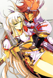 Rule 34 | 1boy, 1girl, armor, blood, blood on face, blue eyes, breastplate, brown hair, dress, elwin (langrisser), closed eyes, hikaru (mikan0407), holding, holding sword, holding weapon, langrisser, langrisser ii, long hair, looking at viewer, looking up, parted lips, short dress, short hair, short sleeves, shoulder armor, silver hair, skeleton, sword, very long hair, weapon, white dress