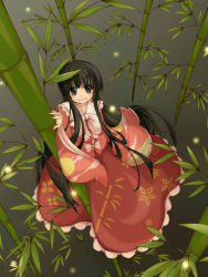 Rule 34 | 1girl, bamboo, bamboo forest, black eyes, black hair, bow, bowtie, female focus, forest, from above, houraisan kaguya, long hair, looking down, nature, solo, touhou