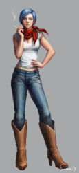 Rule 34 | 10s, 1girl, blue eyes, blue hair, boots, breasts, bulma, cigarette, cleavage, cowboy boots, denim, dragon ball, dragon ball super, dragonball z, eyebrows, eyeshadow, full body, grey background, hand on own hip, high heel boots, high heels, highres, jeans, knee boots, lips, makeup, matching hair/eyes, mature female, midriff peek, nail polish, neckerchief, nose, pants, realistic, short hair, smoking, solo, standing, sun stark