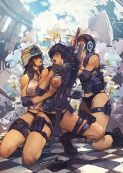 Rule 34 | 3girls, assault rifle, blush, boots, breasts, brown hair, bullet, censored, censored nipples, checkered floor, closed eyes, clothes lift, daewoo k2, elbow pads, floor, flower, gloves, goggles, grabbing, grabbing another&#039;s breast, grenade launcher, gun, helmet, hokoodo, licking, medium breasts, military, mosaic censoring, multiple girls, open mouth, original, perspective, purple hair, rifle, shirt lift, sweat, tongue, underbarrel grenade launcher, weapon, yuri