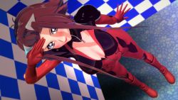 Rule 34 | 1girl, 3d, artist request, biker clothes, bikesuit, blush, bodysuit, breasts, brown eyes, cleavage, curvy, gloves, highres, izayoi aki, large breasts, long hair, looking at viewer, no bra, open bodysuit, open clothes, open mouth, red hair, salute, shiny clothes, shiny skin, sideboob, smile, solo, thighs, yu-gi-oh!, yu-gi-oh! 5d&#039;s, zipper