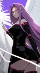 Rule 34 | 1girl, ass, bad id, bad pixiv id, bare shoulders, bell, breasts, bum hico, choker, facial mark, fate/stay night, fate (series), feathers, forehead mark, from below, from side, glowing, glowing eyes, highres, large breasts, long hair, looking at viewer, medusa (fate), medusa (rider) (fate), neck bell, pegasus, purple hair, red eyes, thighhighs, thighs, very long hair, white feathers, wings