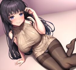 Rule 34 | 1girl, arm support, arm up, bang dream!, bare arms, bare shoulders, black hair, blunt bangs, blush, breasts, brown pantyhose, brown sweater, cameltoe, closed mouth, commentary request, dress, fingernails, foot out of frame, holding, holding own hair, indoors, lambda (kusowarota), large breasts, long hair, looking at viewer, no shoes, on floor, panties, panties under pantyhose, pantyhose, purple eyes, ribbed sweater, shadow, shirokane rinko, sidelocks, sitting, sleeveless, sleeveless sweater, sleeveless turtleneck, smile, solo, sweater, sweater dress, thighband pantyhose, turtleneck, turtleneck sweater, underwear, very long hair, wavy hair, white panties, yokozuwari