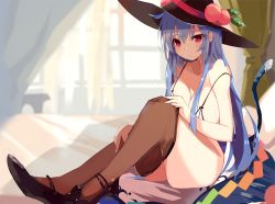 Rule 34 | 1girl, ass, bare arms, bare shoulders, bed, black footwear, black headwear, blue hair, blue skirt, blush, bra, breasts, brown pantyhose, cat tail, clothes pull, unworn clothes, commentary request, curtains, food, fruit, highres, hinanawi tenshi, indoors, kemonomimi mode, knees up, large breasts, leaf, long hair, md5 mismatch, pantyhose, pantyhose pull, peach, red eyes, removed, resolution mismatch, shoes, sidelocks, sitting, skirt, solo, source smaller, strap slip, tail, tetsurou (fe+), thick thighs, thighs, touhou, underwear, very long hair, white bra, window