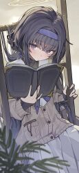 Rule 34 | 1girl, absurdres, black hair, blue archive, book, hairband, highres, long sleeves, looking at viewer, ningen mame, solo, ui (blue archive)