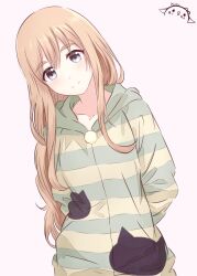 Rule 34 | 1girl, absurdres, animal print, arms behind back, artist logo, blonde hair, cat print, commentary, english commentary, head tilt, highres, hood, hoodie, k-on!, kotobuki tsumugi, kurumimi birb, light smile, long hair, looking at viewer, simple background, smile, solo, striped clothes, striped hoodie, thick eyebrows, white background