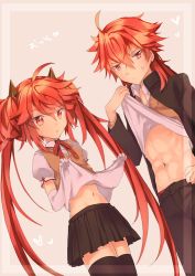 Rule 34 | 1boy, 1girl, abs, character request, copyright request, homurahara academy school uniform, navel, red eyes, red hair, satoimo (3311 mi), school uniform, twintails
