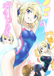 Rule 34 | 1boy, 2girls, angelina kudou shields, armpits, arms behind head, black one-piece swimsuit, blonde hair, blue eyes, blue one-piece swimsuit, breasts, commentary request, competition swimsuit, covered navel, cowboy shot, grin, highleg, highleg swimsuit, highres, ichijou masaki, large breasts, looking at viewer, mahouka koukou no rettousei, mamezuka takashi, multiple girls, multiple views, one-piece swimsuit, shiba miyuki, small breasts, smile, stretching, swimsuit