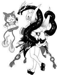 Rule 34 | 2boys, back, candy, cat, chocolate, closed eyes, eye tattoo, facial mark, flame-tipped tail, floating, food, from behind, geta, greyscale, hair between eyes, hannya (onmyoji), haramaki, highres, holding, holding chocolate, holding food, horned mask, in air, japanese clothes, jewelry, jibanyan, kimono, long sleeves, looking at another, male focus, mask, mask on back, mask on head, midair, monochrome, moto mitsuashi, multiple boys, multiple tails, notched ear, onmyoji, open mouth, ring, sharp toenails, short hair, simple background, skirt, smile, snake, tagme, tail, tattoo, tattoo on face, tattoo under eye, teeth, toenails, traditional youkai, two tails, upper teeth only, wrapped candy, youkai (youkai watch), youkai watch
