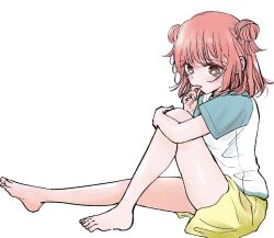 1girl barefoot double_bun hair_bun hina_no_mama_ja_dame_desu_ka? kurachi_chihiro red_hair short_hair simple_background sitting solo