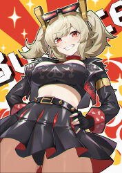 1girl absurdres belt black_belt black_jacket black_skirt blonde_hair blush breasts burnice_white chromatic_aberration cleavage clenched_teeth cowboy_shot eyewear_on_head hair_between_eyes highres jacket large_breasts long_hair looking_at_viewer lord-erica open_clothes open_jacket red-tinted_eyewear red_eyes sidelocks skirt smile solo spiked_belt sunglasses teeth tinted_eyewear zenless_zone_zero