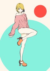 Rule 34 | 1girl, bare shoulders, copyright request, highres, legs up, mori taishi, no pants, short hair, standing, standing on one leg, sweater, thighs