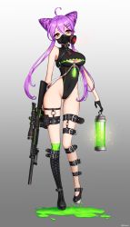 Rule 34 | 1girl, ahoge, ango, ankkoyom, asymmetrical footwear, bad id, bad pixiv id, bare shoulders, black gloves, boots, breasts, cleavage, cleavage cutout, clothing cutout, covered navel, full body, gas mask, gloves, green eyes, green thighhighs, gun, highres, holding, holding gun, holding weapon, leotard, long hair, long legs, looking at viewer, mask, mismatched footwear, multicolored eyes, original, pointy ears, purple eyes, purple hair, rifle, scope, shiny skin, single thighhigh, skindentation, sleeveless, sniper rifle, solo, standing, thighhighs, twintails, weapon