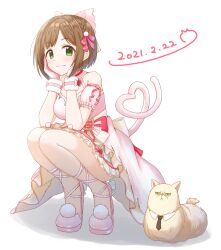 Rule 34 | 1girl, animal ears, bare shoulders, blush, bow, braid, breasts, brown hair, cat, cat ears, cat tail, closed mouth, dated, detached sleeves, dot nose, dress bow, fake animal ears, fake tail, frilled skirt, frills, full body, green eyes, green skirt, hair bow, hair ribbon, hands on own face, high heels, highres, idolmaster, idolmaster cinderella girls, idolmaster cinderella girls starlight stage, large breasts, looking at viewer, maekawa miku, miniskirt, pink footwear, pink overskirt, pink ribbon, pink shirt, pink sleeves, pom pom (clothes), red bow, red ribbon, ribbon, shadow, shirt, short hair, simple background, skirt, sleeveless, sleeveless shirt, smile, solo, squatting, strappy heels, tail, white background, white bow, white wristband, youdie