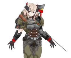 Rule 34 | 1girl, adapted costume, arm blade, armor, azur lane, black gloves, blonde hair, breasts, brown eyes, cosplay, cross, crossover, doom (2016), doom (series), doom eternal, doomguy, doomguy (cosplay), gloves, hair between eyes, hair ornament, iron cross, large breasts, looking at viewer, lowres, multicolored hair, mussolini pepperoni, pun, red hair, roon (azur lane), short hair, shoulder cannon, solo, streaked hair, weapon