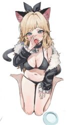 Rule 34 | 1girl, animal ear fluff, animal ears, barefoot, bell, bikini, black bikini, black collar, black jacket, blonde hair, blue eyes, blush, bow, bowl, breasts, cat ears, cat tail, cleavage, collar, fellatio gesture, full body, fur-trimmed jacket, fur trim, gompang 11, grey bow, hair bow, hair intakes, highres, jacket, large breasts, long sleeves, looking at viewer, navel, neck bell, original, parted bangs, pet bowl, simple background, sitting, solo, stomach, swimsuit, tail, tongue, tongue out, wariza, white background