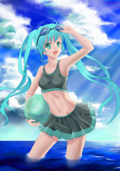 Rule 34 | 1girl, :d, alucard (artist), aqua hair, bad id, bad pixiv id, cloud, day, goggles, goggles on head, green eyes, hatsune miku, huazang, light rays, long hair, midriff, open mouth, skirt, sky, smile, solo, sports bra, sunbeam, sunlight, twintails, vocaloid, wading, water