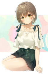 Rule 34 | 1girl, absurdres, blush, breasts, brown hair, closed mouth, collarbone, commentary request, cropped legs, earrings, flower earrings, green skirt, gyozanuko, hair between eyes, highres, jewelry, necklace, off-shoulder shirt, off shoulder, original, shirt, short sleeves, sitting, skirt, small breasts, smile, solo, white shirt, yellow eyes