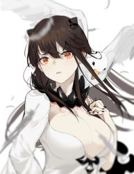 Rule 34 | 1girl, akagi (kancolle), alternate costume, bad id, bad pixiv id, bird, breasts, brown eyes, brown hair, cosplay, dress, feathers, hair between eyes, hair ornament, horns, kantai collection, large breasts, long hair, looking at viewer, midway princess, neko (ganecooo), open mouth, seagull, solo