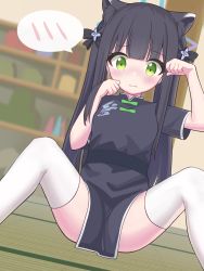 Rule 34 | 1girl, absurdres, animal ear fluff, animal ears, arms up, black dress, black hair, blue archive, blunt bangs, china dress, chinese clothes, dress, green eyes, highres, indoors, kakido, legs, long hair, paw pose, short sleeves, shun (blue archive), shun (small) (blue archive), sitting, solo, spoken blush, spread legs, tatami, thighhighs, thighs, tiger ears, tiger girl, twintails, white thighhighs