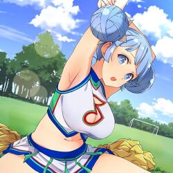 Rule 34 | 1girl, armpits, bad link, blue eyes, blue hair, blue sky, blunt bangs, breasts, cheerleader, cleavage, cleavage cutout, clothing cutout, cloud, crop top, day, double bun, eighth note, field, forest, goal, grass, hair bun, hair ornament, highres, kanon (senran kagura), large breasts, leaf, looking at viewer, midriff, miniskirt, musical note, musical note-shaped pupils, musical note cutout, nature, navel, open mouth, outdoors, pleated skirt, pom pom (cheerleading), senran kagura, senran kagura new wave, short hair, shuriken, shuriken hair ornament, skirt, sky, sleeveless, soccer field, solo, stretching, sunlight, symbol-shaped pupils, tree, weapon, white skirt, yaegashi nan