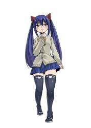 Rule 34 | 1girl, blue hair, blue skirt, blush, breasts, cardigan, fairy tail, full body, hair ornament, half-closed eyes, hand on own chest, long hair, long sleeves, looking at viewer, mashima hiro, no shoes, pleated skirt, school uniform, simple background, skirt, slippers, solo, thighhighs, thighs, twintails, wendy marvell, white background, yellow neckwear, zettai ryouiki
