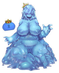 Rule 34 | 2girls, absurdres, ahoge, blue skin, breasts, cleft of venus, colored skin, crown, gender request, genderswap, giant, giantess, highres, inside creature, king slime (terraria), long hair, monster girl, multiple girls, nude, nyong nyong, personification, pussy, short hair, slime (substance), slime girl, terraria, trapped