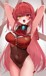 Rule 34 | 1girl, absurdres, armpits, arms up, bare arms, bare shoulders, blush, breasts, brooch, cleavage, contrapposto, covered navel, cowboy shot, cropped jacket, fangs, hair between eyes, hair down, hair lift, highleg, highleg leotard, highres, hololive, houshou marine, houshou marine (1st costume), jacket, jewelry, large breasts, leotard, leotard under clothes, long hair, looking at viewer, open mouth, red eyes, red hair, red jacket, ringed eyes, see-through, see-through cleavage, sleeveless, sleeveless jacket, solo, thigh gap, very long hair, virtual youtuber, yellow eyes, yuzuyukiha