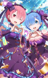 Rule 34 | 2girls, alternate costume, bare shoulders, blue choker, blue eyes, blue hair, breasts, choker, cleavage, confetti, day, dress, female focus, flower, frilled dress, frilled hairband, frills, hair ornament, hair ribbon, hairband, heart, heart hands, highres, idol, incest, looking at viewer, maid headdress, matching hair/eyes, medium breasts, multiple girls, official art, one eye closed, open mouth, outdoors, pink choker, pink eyes, pink hair, purple dress, purple flower, purple ribbon, purple rose, ram (re:zero), re:zero kara hajimeru isekai seikatsu, rem (re:zero), ribbon, rose, short hair, siblings, sisters, small breasts, smile, twincest, twins, wink, wrist cuffs, x hair ornament