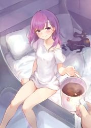 Rule 34 | 1girl, blush, breasts, closed mouth, coffee, coffee mug, cup, fate/grand order, fate (series), harupippo, helena blavatsky (fate), highres, looking at viewer, mug, on bed, purple eyes, purple hair, shirt, sitting, small breasts, smile, white shirt