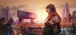 Rule 34 | 1girl, afi (arsenixc), arsenixc, bare shoulders, black hair, city, city lights, cityscape, cloud, detached sleeves, highres, hime cut, light smile, long hair, long image, looking away, original, overpass, popped collar, profile, railing, red sky, russian text, scenery, sky, smoke, solo, sun, sunset, translated, wide image, yellow eyes