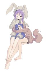Rule 34 | 2girls, ap04astral, barefoot, blue hair, closed eyes, fox tail, happy, highres, hiiragi kagami, invisible chair, izumi konata, lucky star, mole, mole under eye, multiple girls, purple hair, simple background, sitting, smile, tail, white background