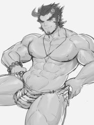 Rule 34 | 1boy, abs, bara, beard, black hair, bulge, cowboy shot, demon boy, facial hair, fang, fiery horns, greyscale, horns, hunterkay, jewelry, large pectorals, long sideburns, male focus, monochrome, muscular, necklace, nipples, pectorals, scar, sideburns, simple background, sketch, smile, solo, stubble, takemaru (housamo), teeth, thick thighs, thighs, tokyo houkago summoners, topless male, underwear, underwear only, upper body